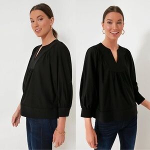 Pomander Place | NEW Black Koa Long Sleeve Notched Neckline Blouse Size XL
